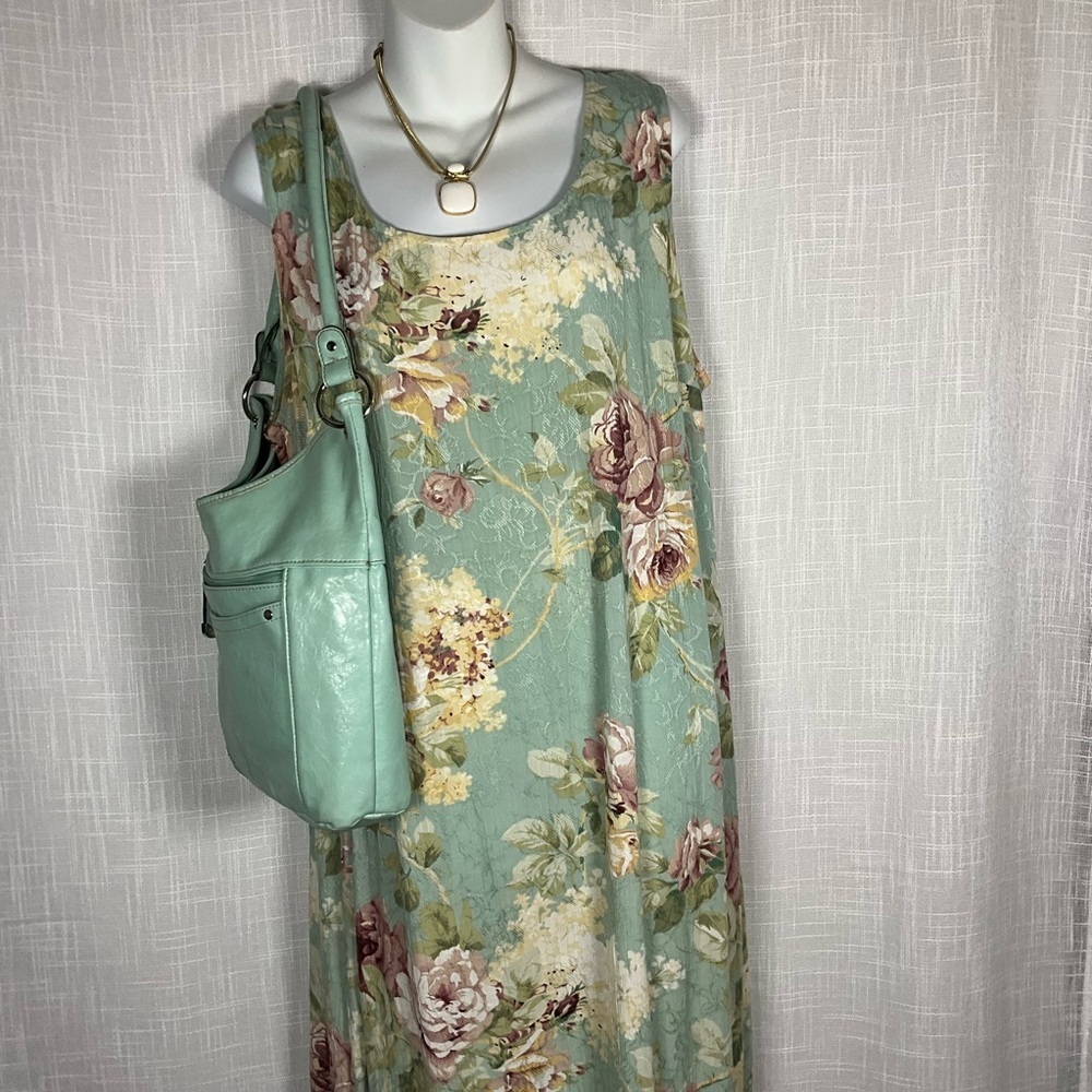 Dressbarn Maxi Dress Size 18W Green Floral Jacquard Back Split